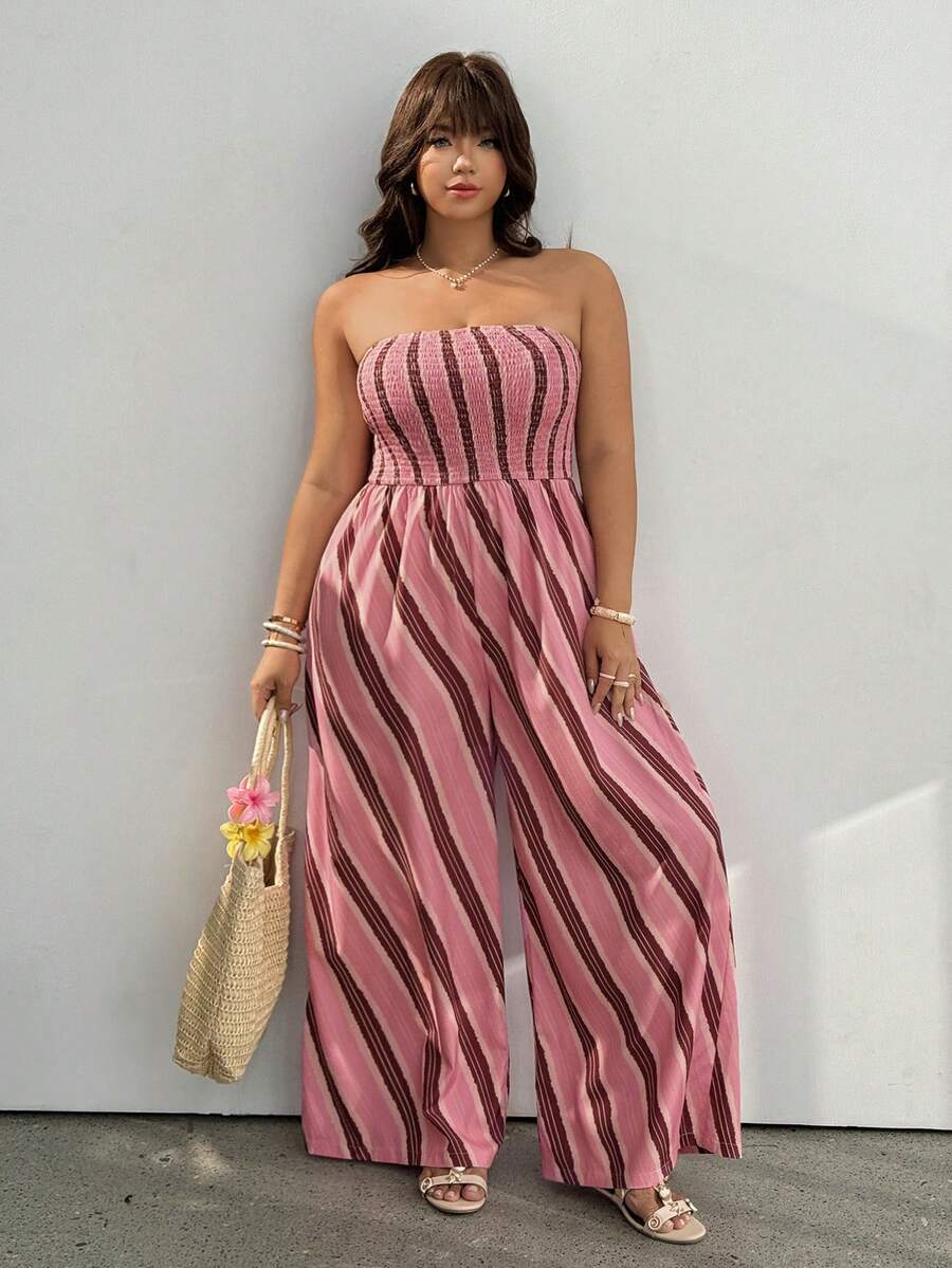 GalTyme Plus Size Vacation Style Diagonal Stripe Loose Strapless Jumpsuit Pink Summer Boho Beach - Multicolor - View 1