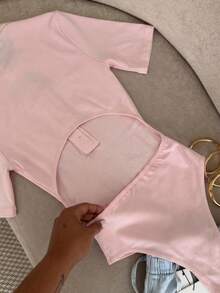 Franclia Women's Solid Color Button Half-Placket Short Sleeve Casual Bodysuit - Pink - View 2