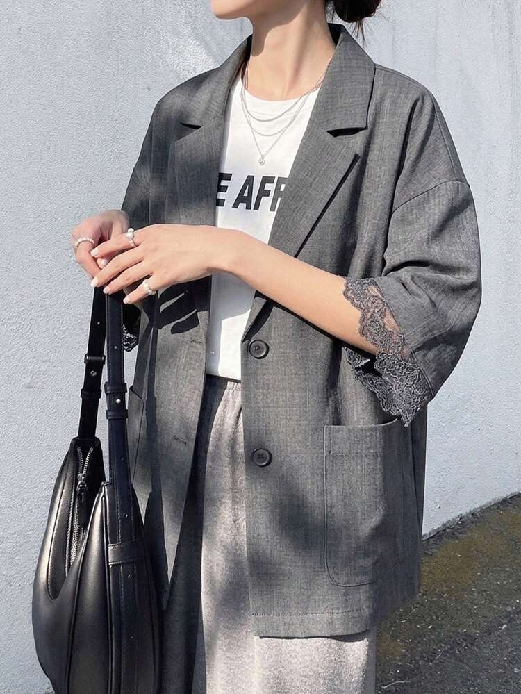 FRIFUL Áo khoác blazer nữ phong cách tối giản cho dân công sở, phối ren tương phản, ve áo notch, một hàng khuy - Xám - Xem 1