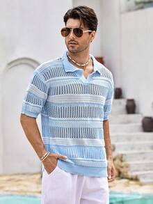 Mercer Haus YONGC Men's Fashionable Lightweight Hollow Striped Knit Polo Shirt, Breathable Short Sleeve Versatile Knit Top, Casual & Comfortable Wear For Men In Spring/Summer - Baby Blue - View 6