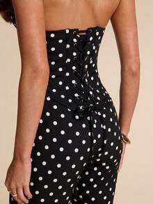SHEIN BAE Summer Black And White Polka Dot Vintage Cinched Waist Mid-Length Jumpsuit, Suitable For Cocktail Parties, Romantic Dates, Gatherings, Formal Events, Fashionable Outings - Black - View 5