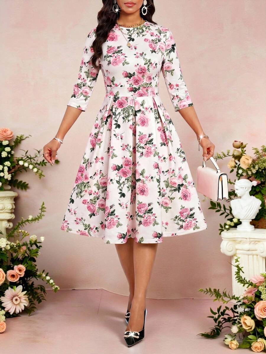 SHEIN Lady 女士大理石纹褶皱修身中长连衣裙，粉色短袖连衣裙，适合优雅派对、日常穿着，四季皆宜，尺码齐全，适合邮轮旅行、夏季穿着，也可作为生日/活动、办公室、教堂、婚礼、度假或婚礼宾客礼服。优雅连衣裙，尽显高贵气质。