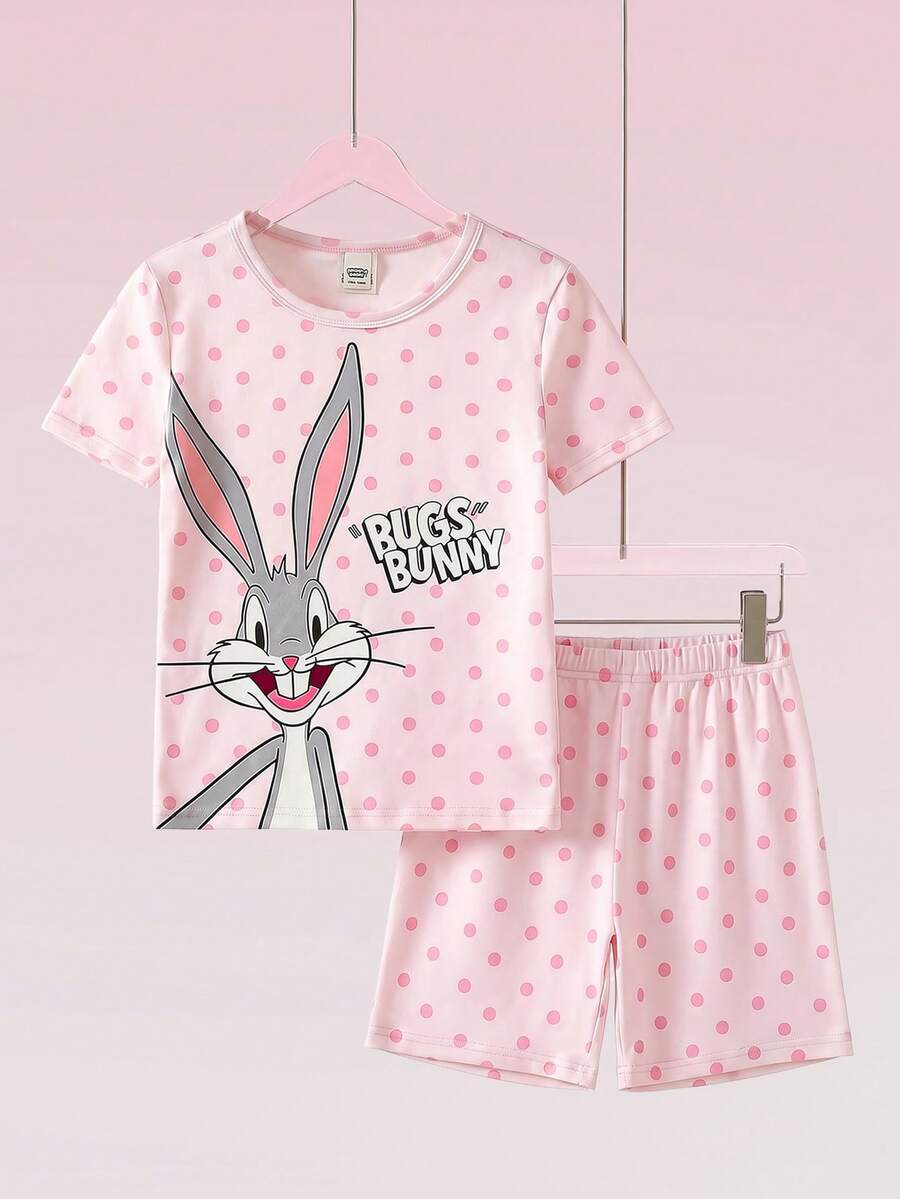 LOONEY TUNES X SHEIN GraphicGems 少女波点卡通印花紧身弹力面料圆领舒适短袖上衣和短裤两件套紧身睡衣套装 - 粉色 - 查看 1