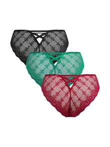 DesireSculpt Plus Size Cup Series Heart Floral Lace Patchwork Heart Buckle Decor Panty Set 3pcs - Multicolor - View 2