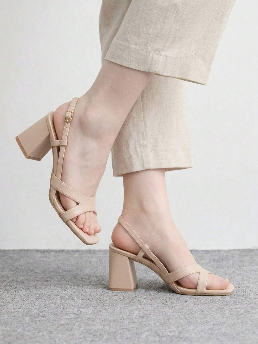 CUCCOO BIZCHIC 女款時尚高跟涼鞋,後綁帶粗跟 PU 全球四季通勤優雅百搭基礎款,適合度假、辦公、戶外、日常穿搭的夏季鞋 - 奶茶杏 - 查看 1