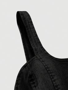 SHEIN MOD Blusa Denim Ajustada Sem Mangas Feminina, Casual de Verão - Preto - Visão 3