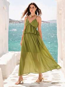 SHEIN Vestido holgado de verano para vacaciones con diseño elegante de volantes en capas, escote en V francés, espalda descubierta y estilo sexy - Verde - Ver 7