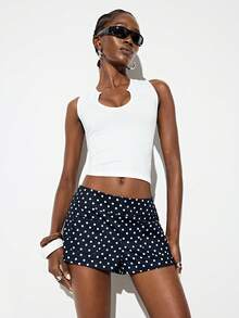 Aveloria GENKIRA Navy Blue Colorblock Random Polka Dot Print Low Waist Pocket Design Ultra Short Women's Shorts French Vintage Exquisite Elegant Vacation Y2K Casual - Navy Blue - View 6