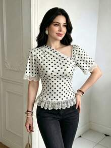 Modelyn Women's Knitted Printed Contrast Lace Short Sleeve Asymmetric Shoulder Vacation Retro Elegant Date High Tea Top White And Black Polka Dot Summer - White - View 3