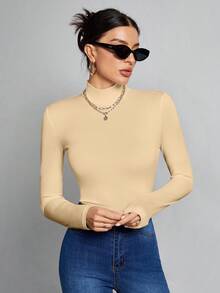 SHEIN Tall Simple Solid Color Slim High Collar White Top Suitable For Autumn And Winter - Apricot - View 3