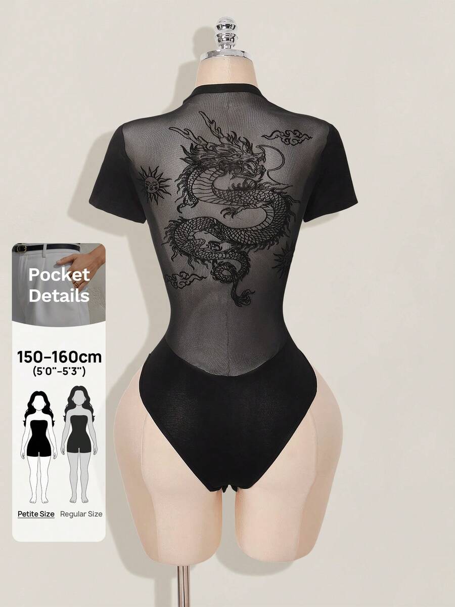 SHEIN ICON Petite 圖案外穿款 頹廢風 透視 時尚性感 龍圖案 植絨網布拼接 短袖連身衣，適合嬌小女性 - 黑色 - 查看 1