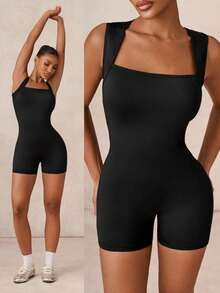 1pc Lumalex Comfortable Fabric & Fashionable Design Sexy Minimalist Solid Color Wide Strap Jumpsuit, Specially Made For Women, Suitable For Airport Outfits And Gym Workouts, Slim-Fit Style To Showcase Female Physique, Ideal Choice For Women's Gym Exercises - Black - View 13