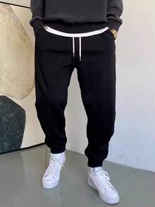 Manfinity Homme Men's Drawstring Waist Pockets Cuffed Casual Sweatpants - Black - View 3