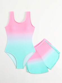 Cute Gradient Girls' One-Piece Swimsuit And Boy Shorts Two Pieces Set (Custom Print) - Multicolor - View 4