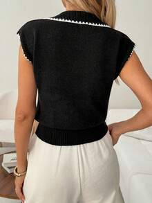 SHEIN LUNE Top de punto con cuello en V y ribete de contraste, conjunto básico de moda casual para mujer, ideal para vacaciones de verano, ir al trabajo, uso diario y salidas - Negro - Ver 3