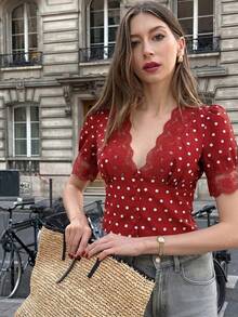 Pariaura Women's French Floral Lace Blouse - Red - View 6