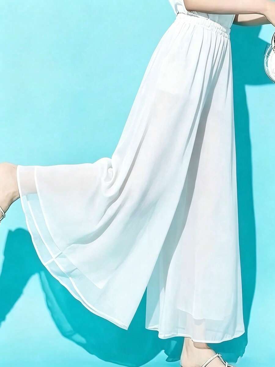 SHEIN PETITE 女款純色休閒優雅寬腿長褲 春夏秋季海灘白色 - 白色 - 查看 1