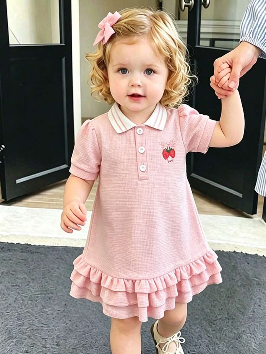 SHEIN Baby Girls' Puff Sleeve Pink Polo Collar Strawberry Print Ruffle Hem Casual Short Sleeve Dress - Pink - View 1
