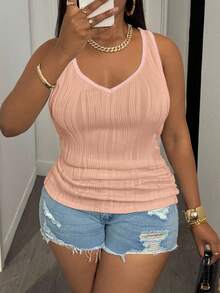 Slaydiva Camiseta de tirantes básica casual para mujer talla grande, cuello en V profundo y textura de canalé fino, blanco - Rosa Pálido - Ver 5