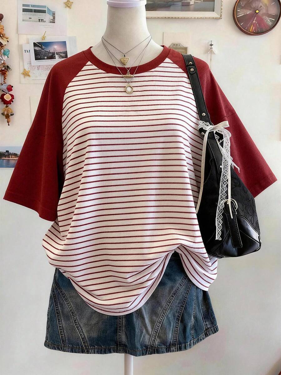 Lalippa Striped Digital Print 2 Styles Fashionable Minimalist Oversized Mid-Length Round Neck Drop Shoulder Women T-Shirt, Gift For Friends - Multicolor - View 1