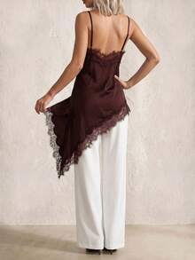 Sinnesro Spring/Summer Lace Satin Top, Casual Vacation Style, Vintage, Commuting Night Out, Sexy Home, Petite Women Shades Of Brown - Rust Brown - View 3
