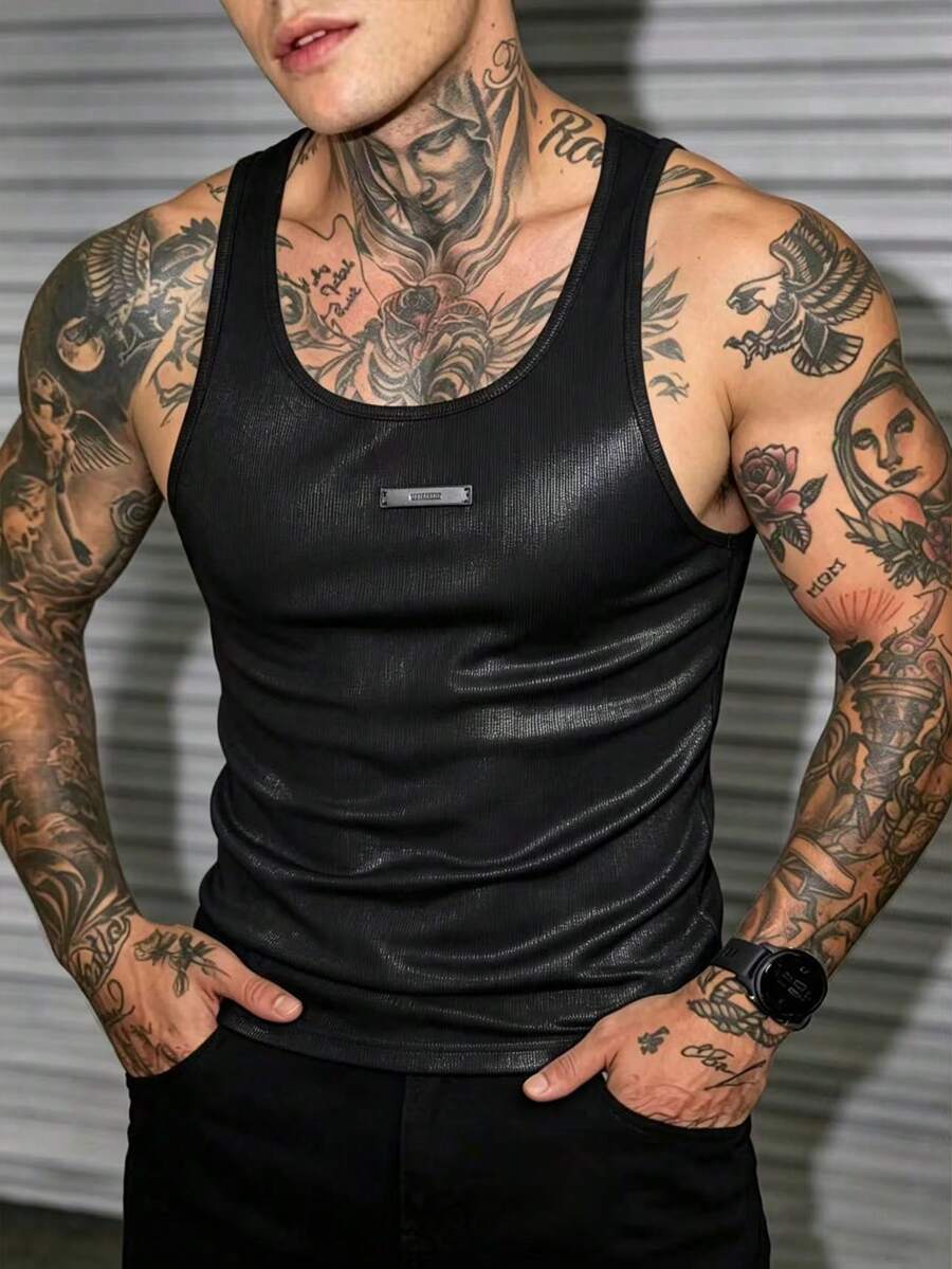 Manfinity Dauomo 夏季男士休閒度假性感修身人造皮革無袖背心上衣 - 黑色 - 查看 1