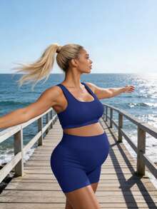SHEIN Maternity Summer Breathable Solid Color Criss-Cross Back Sports Bra And Shorts Set - Navy Blue - View 4