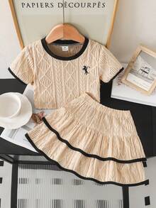 Genkimix Kids Girls' Embroidered Crew Neck Short Sleeve Textured Knit T-Shirt And Sweet Cake Skirt Set, Suitable For Casual Daily Wear And Fresh Summer Vacation, Beach, Outing Cute And Sweet Outfit - Khaki - View 3