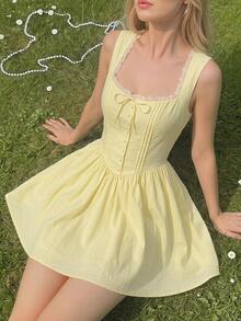 SHEIN MOD Gaun Mini Kuning Nyaman untuk Wanita, Bagian Dada Berlipit, Kancing Depan, Gaya Cottagecore, Liburan, Gaya Pedesaan, Pantai, Pesta Teh, Pesta Kebun, Retro, Prom, Musim Panas - Kuning - View 6