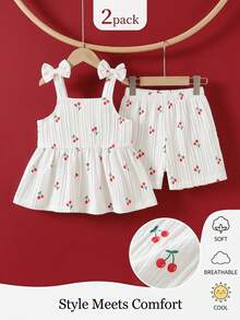 SHEIN 2件套女婴幼儿/新生儿0-3岁休闲日常可爱度假条纹蝴蝶结装饰吊带背心+短裤套装，春夏款 - 白色 - 查看 7