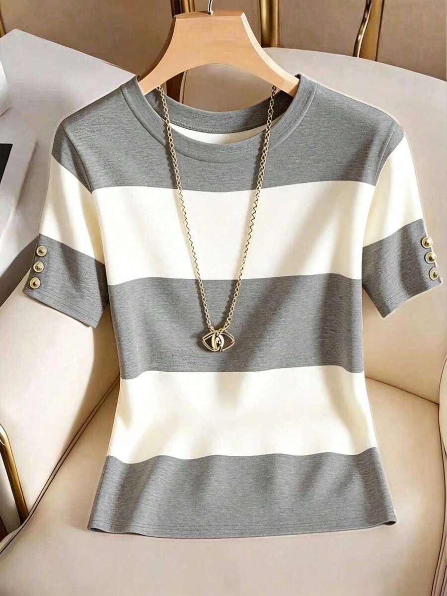 Resyla Women's Striped Colorblock Round Neck Short Sleeve Button Fashion T-Shirt - Grey - View 1