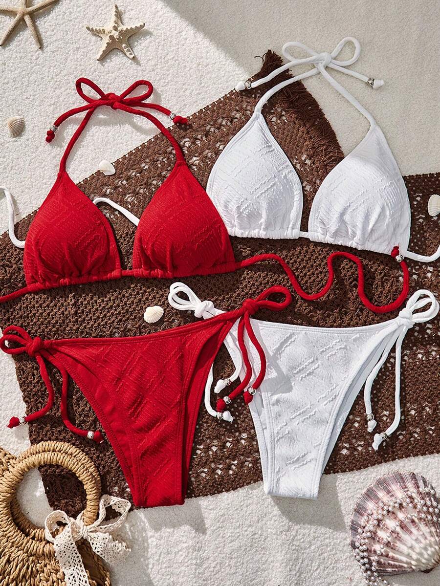 Swim Vcay 女款夏季海灘純色掛脖綁帶性感比基尼泳衣套裝 - 彩色 - 查看 1