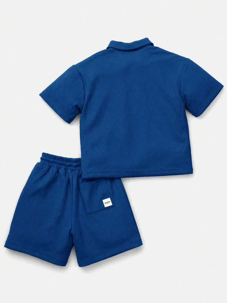 Boys Textured Polo Co-Ord Set With Half Zip Collar Top And Matching Drawstring Shorts Limited Edition Embroidery