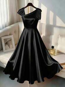 GlowEve CURVE Plus Size Women's Solid Color Asymmetric Neckline Elegant Dress - Black - View 4