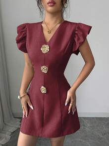 SHEIN Elenzya 女款夏季精緻優雅通勤風V領短袖玫瑰金屬扣飾收腰A字版型迷你洋裝 - 酒紅色 - 查看 6
