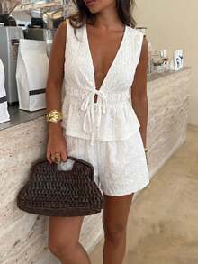 Lucivie Women's Elegant White Summer Tea Party Short Set,Lace Texture V Neck Flutter Sleeve Peplum Top And Shorts,Casual Vacation Ready Beach Resort Outfits - Apricot - View 8
