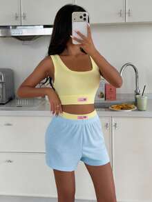 ZzzCrew Vibrant Contrast Color High Elasticity Soft Ribbed Texture Camisole & Shorts Pajama Set For Women - Multicolor - View 3