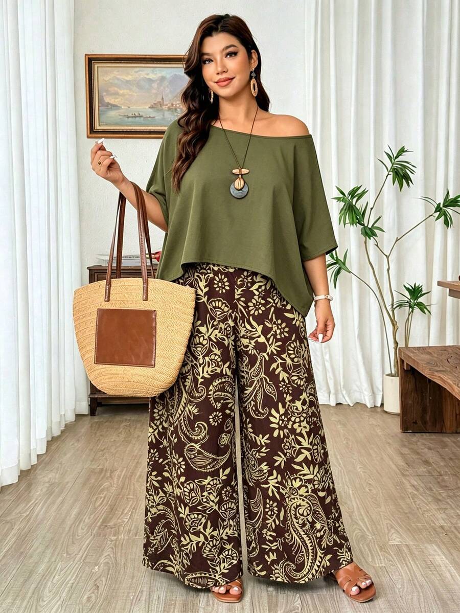 Weeklong Plus Size Women's Asymmetrical Shoulder Batwing Short Sleeve Top And Wide Leg Pants Plant Print Two Pieces Set Casual Vacation Mature Comfortable Spring Summer - Dark Green - View 1