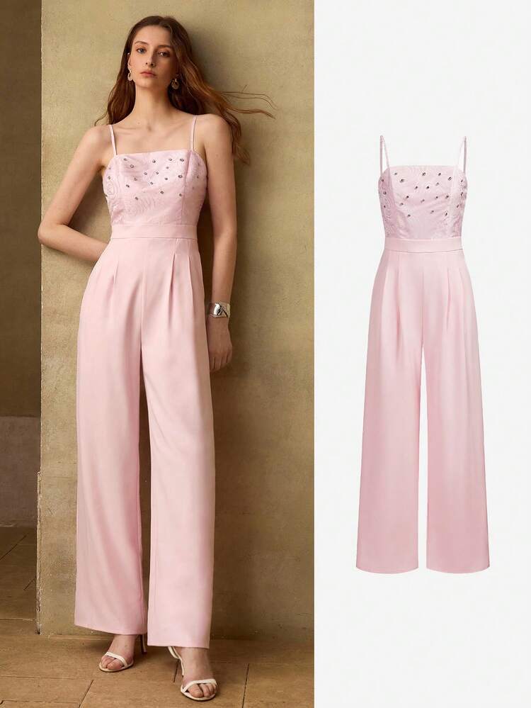 ELEGANT RHINESTONE DECOR PLEATED POCKETS WIDE LEG JUMPSUIT