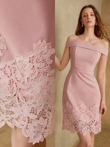 MOTF PREMIUM VESTIDO CORTO CON DOBLADILLO DE ENCAJE GUIPURE Y HOMBROS DESCUBIERTOS - Rosa - Ver 7