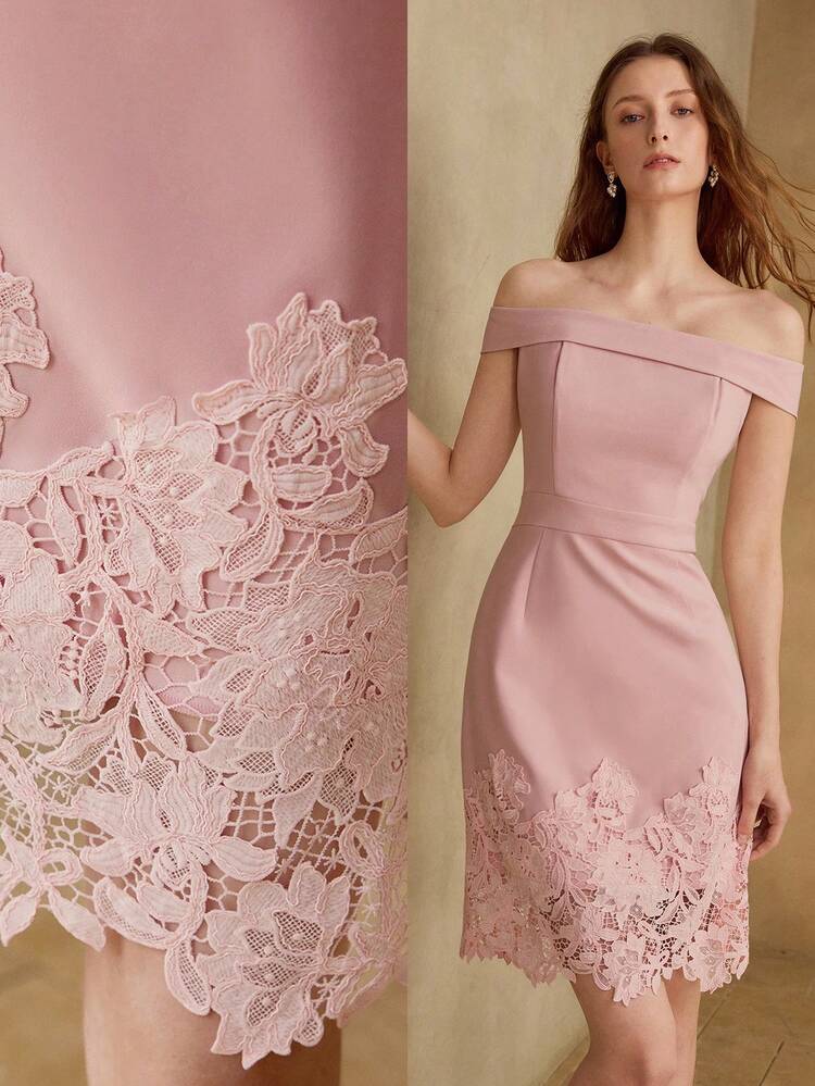 FOLDOVER OFF SHOULDER GUIPURE LACE HEM SHORT DRESS