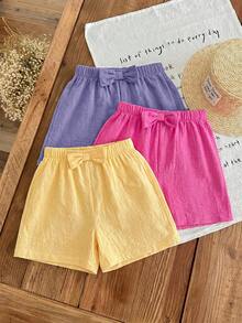 SHEIN LMoss Kids LMoss Young Girl's 3pcs Casual Summer Set: Woven Soft Dual-Layered Gauze Ruffle Shorts With Elastic Waist, Solid Color, Versatile And Breezy - Multicolor - View 3