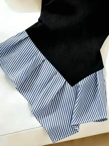 SHEIN Franclia 女款黑白條紋二合一襯衫，夏季隨意時尚襯衫領收腰圓下擺上衣，適合校園開學穿搭 - 黑色 - 查看 5
