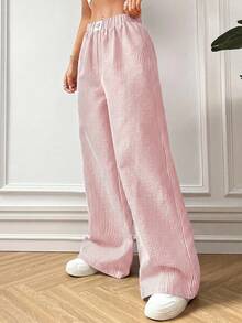 SHEIN PETITE CURVE 大尺碼女款條紋牛仔寬鬆休閒梭織長褲 - 粉色 - 查看 5