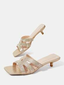 CUCCOO HITCHD Women's Shoes Gold Rhinestone Square Toe Kitten Heel Wear High Heel Sandals Summer - Gold - View 6