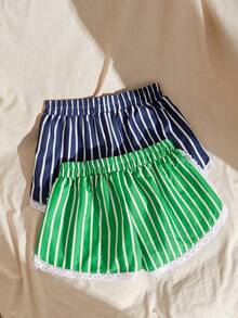 Lullawish 2 piezas Pantalones cortos bohemios a rayas de color contrastante - Multicolor - Ver 2