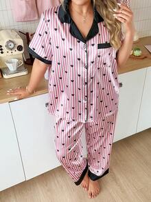 Slumberry CURVE Color Block Striped Heart Print Lapel Short Sleeve Long Pants Plus Size Women's Pajama Set - Multicolor - View 5