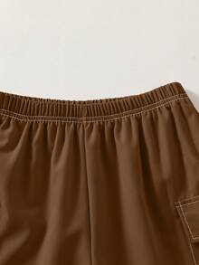 Mirajuku 2pcs Boys' Simple Premium 3D Embossed Crew Neck Pullover T-Shirt & Woven Loose Straight Leg Shorts Set, Contrast Stitching Detail, Fashionable Fit, Comfortable Fabric, Suitable For Spring, Summer And Autumn, Versatile For Multiple Occasions - Brown - View 4