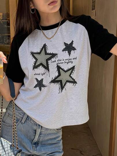 K-Vae Women's Grey Contrast Star Print Short Sleeve T-Shirt, Retro Graphic Streetwear Y2k Loose Fit Design Top School Summer