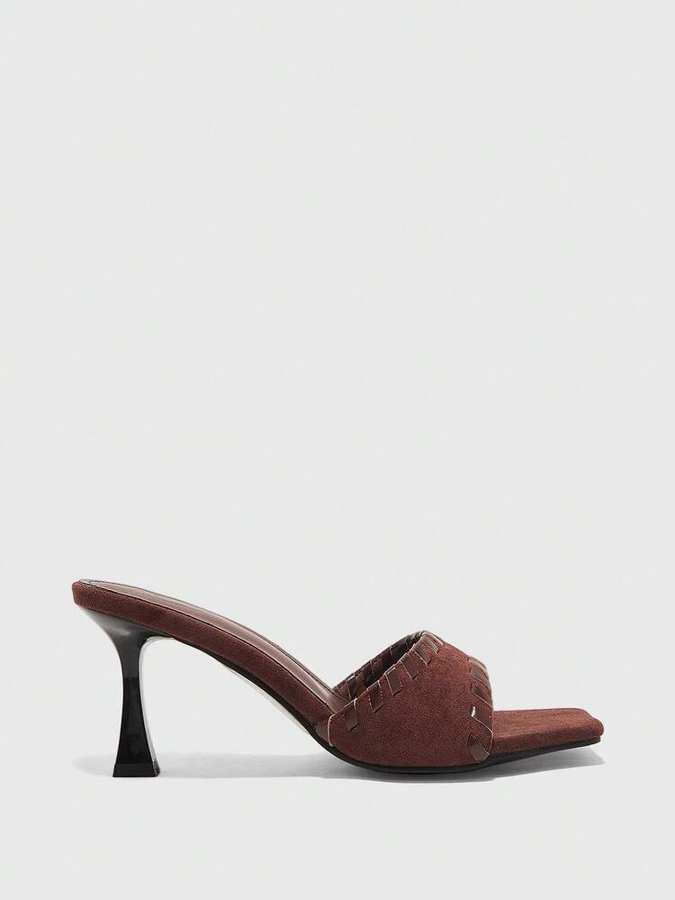CUCCOO BIZCHIC Maillard Dark Brown Retro Square Toe High-Heeled Sandals, French Woven Women's Shoes
